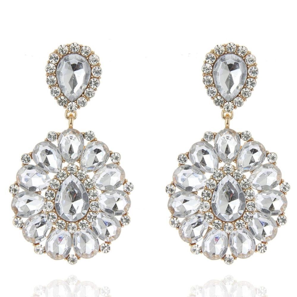 Yellow Gold with White Diamond Crystal Chandelier Statement Clip On Earrings